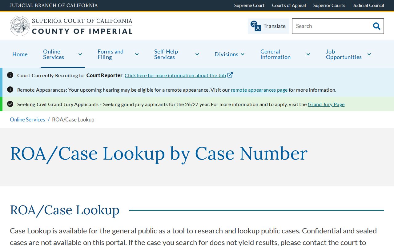 El Centro people search Imperial Superior Court ROA case lookup
