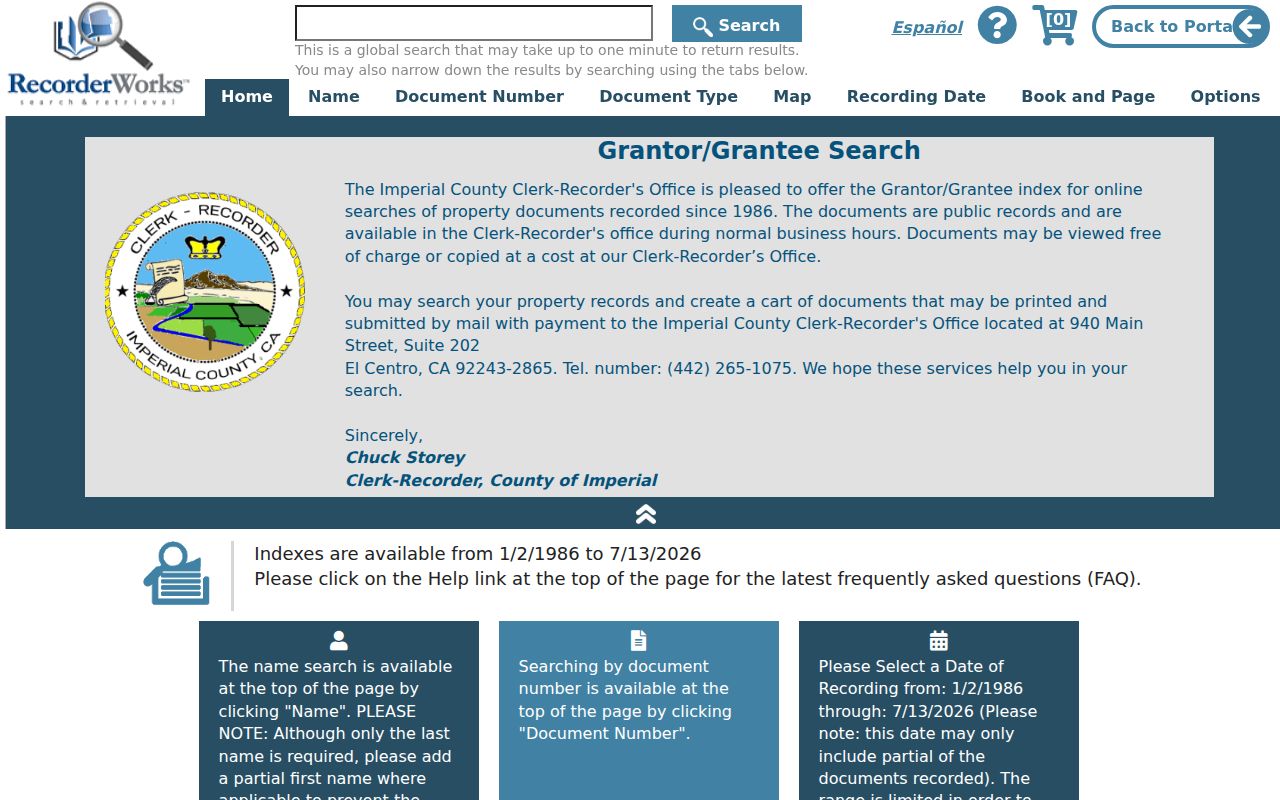 El Centro people search RecorderWorks grantor grantee portal