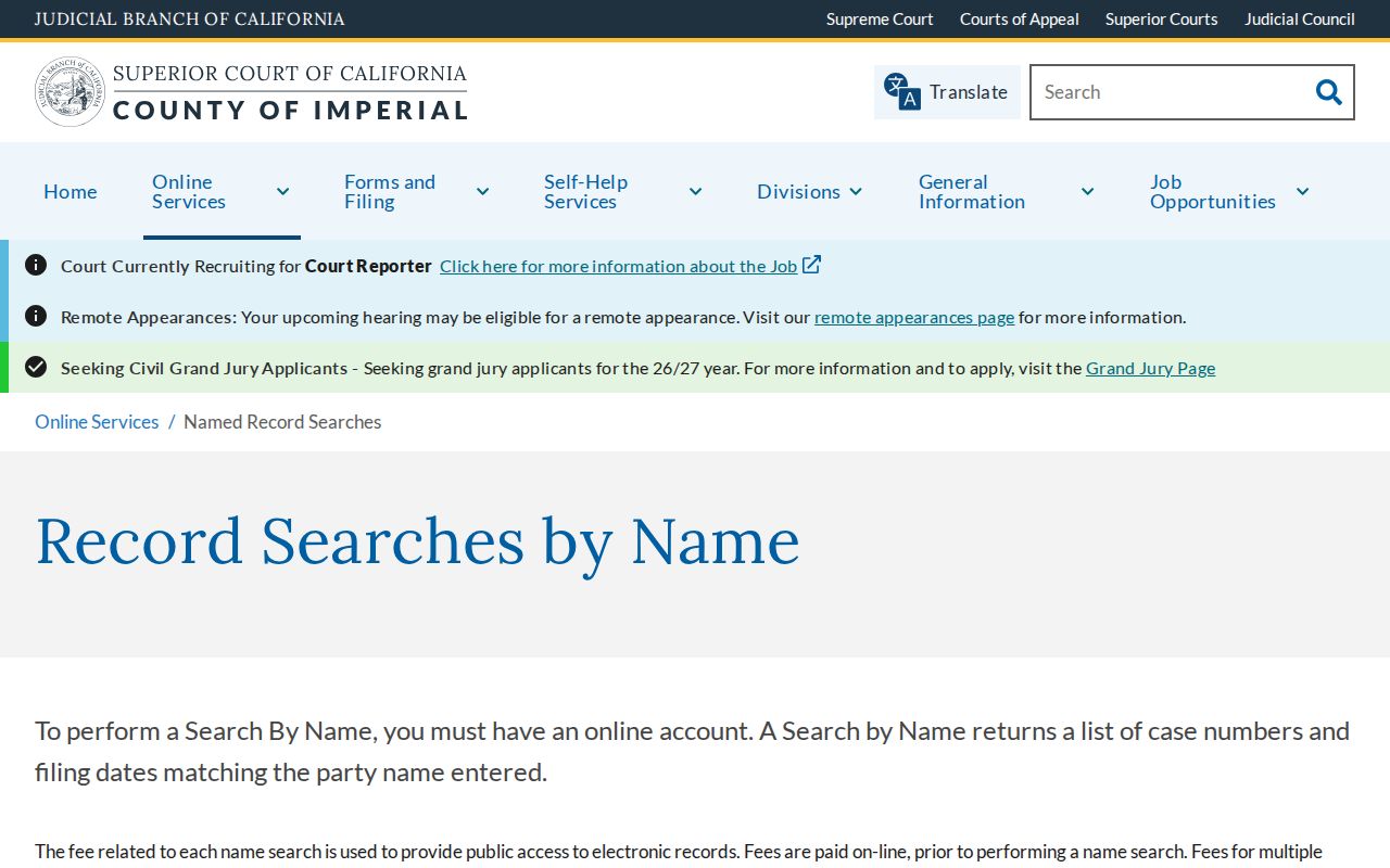 El Centro public records Imperial Superior Court name search