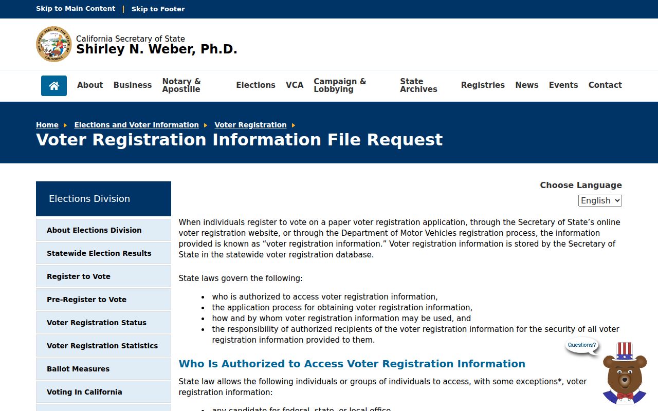 El Centro voter registration records through the California voter registration information file request page